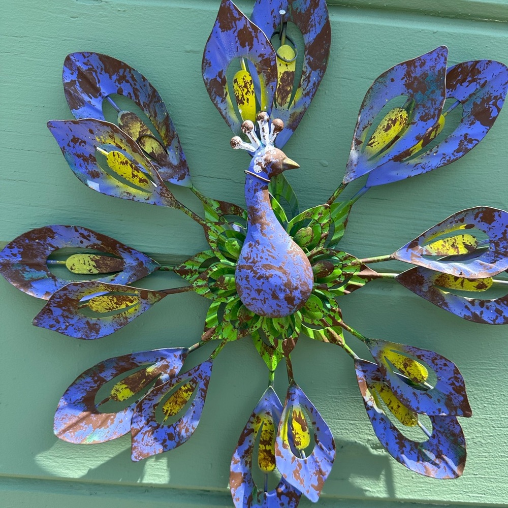 Colorful lavender, yellow and green Metal Peacock Wall Art garden patio folk art